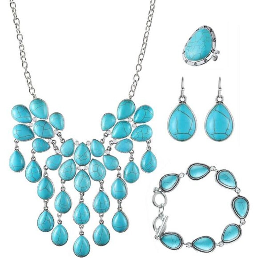 4 PCS Western Turquoise Jewelry for Women Boho Vintage Navajo Pearl Necklace